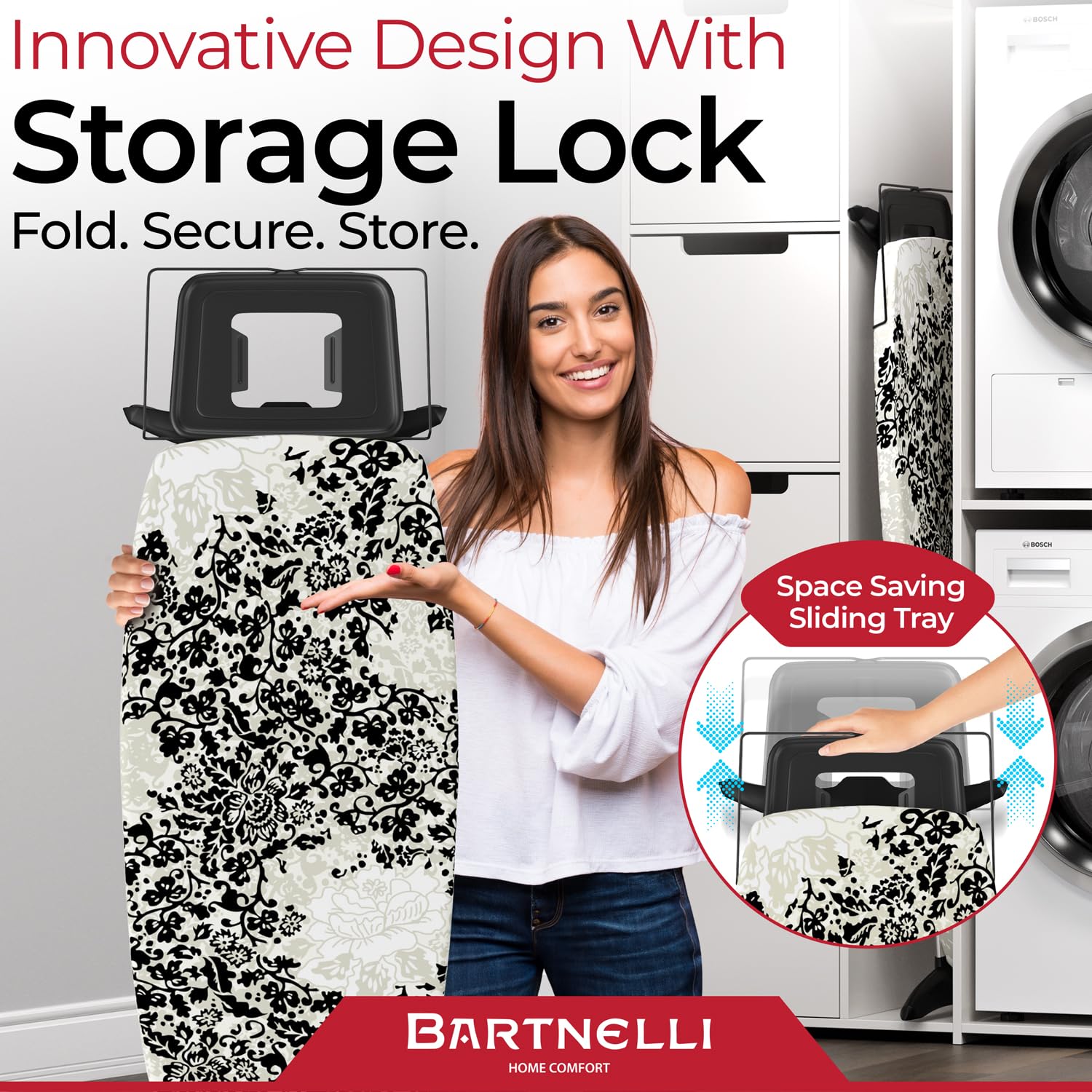 Bartnelli Pro Luxury Ironing Board foldable design saves space after use.