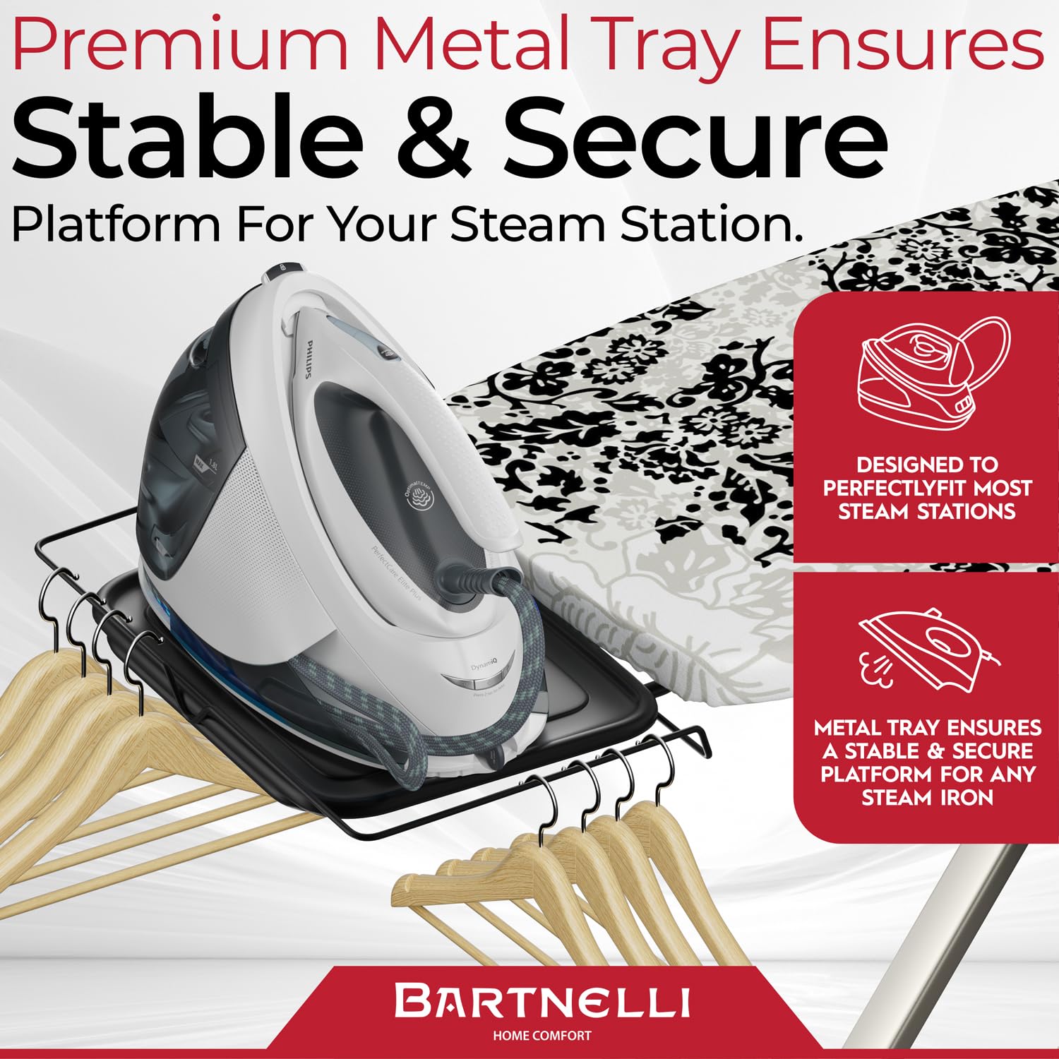 Bartnelli Pro Luxury Ironing Board includes steam iron rest for convenient prep work.