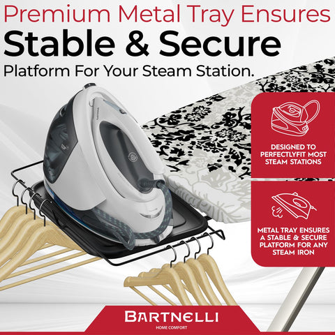 Bartnelli Pro Luxury Ironing Board includes steam iron rest for convenient prep work.
