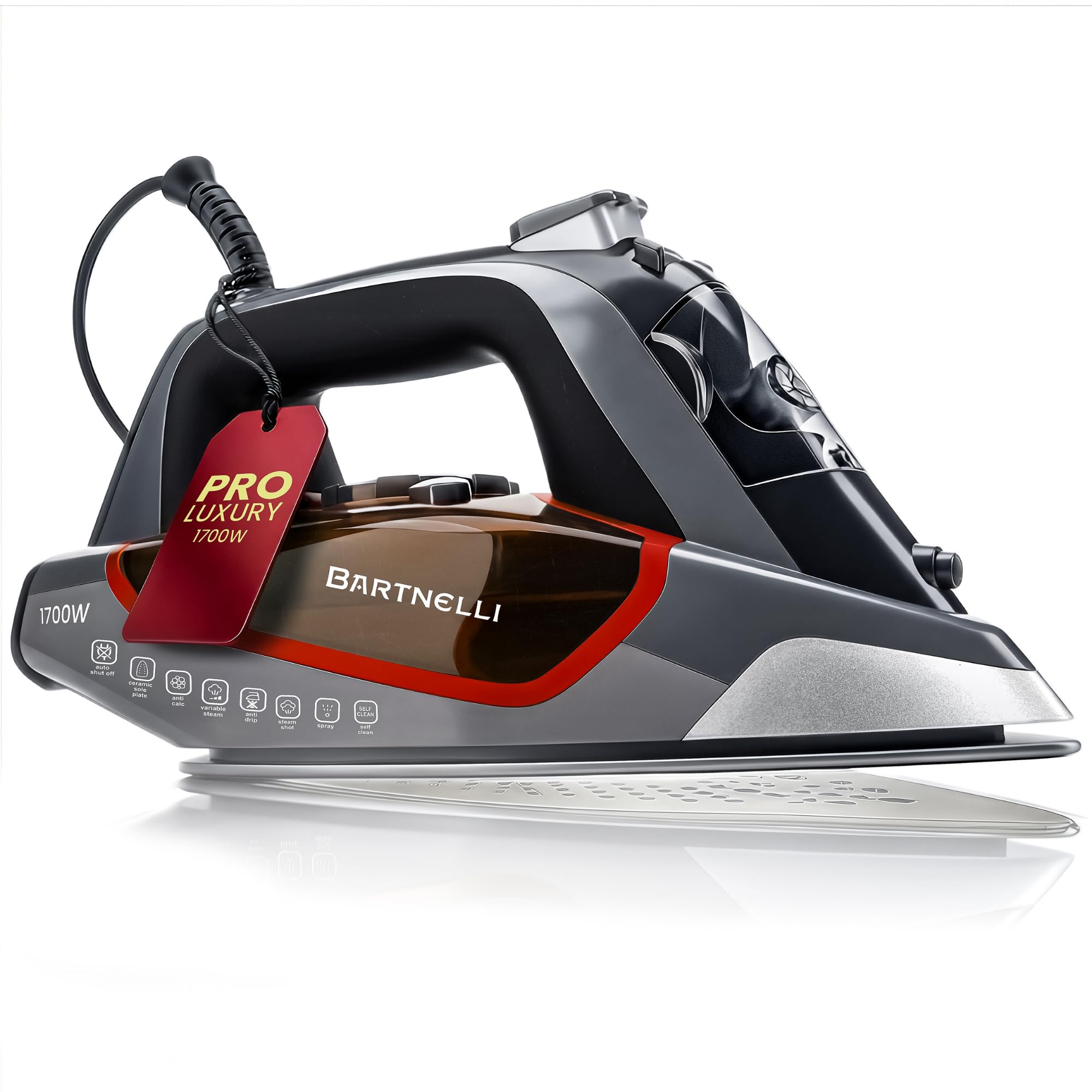 Bartnelli Pro luxury steam iron soleplate gliding smoothly over fabric for flawless press