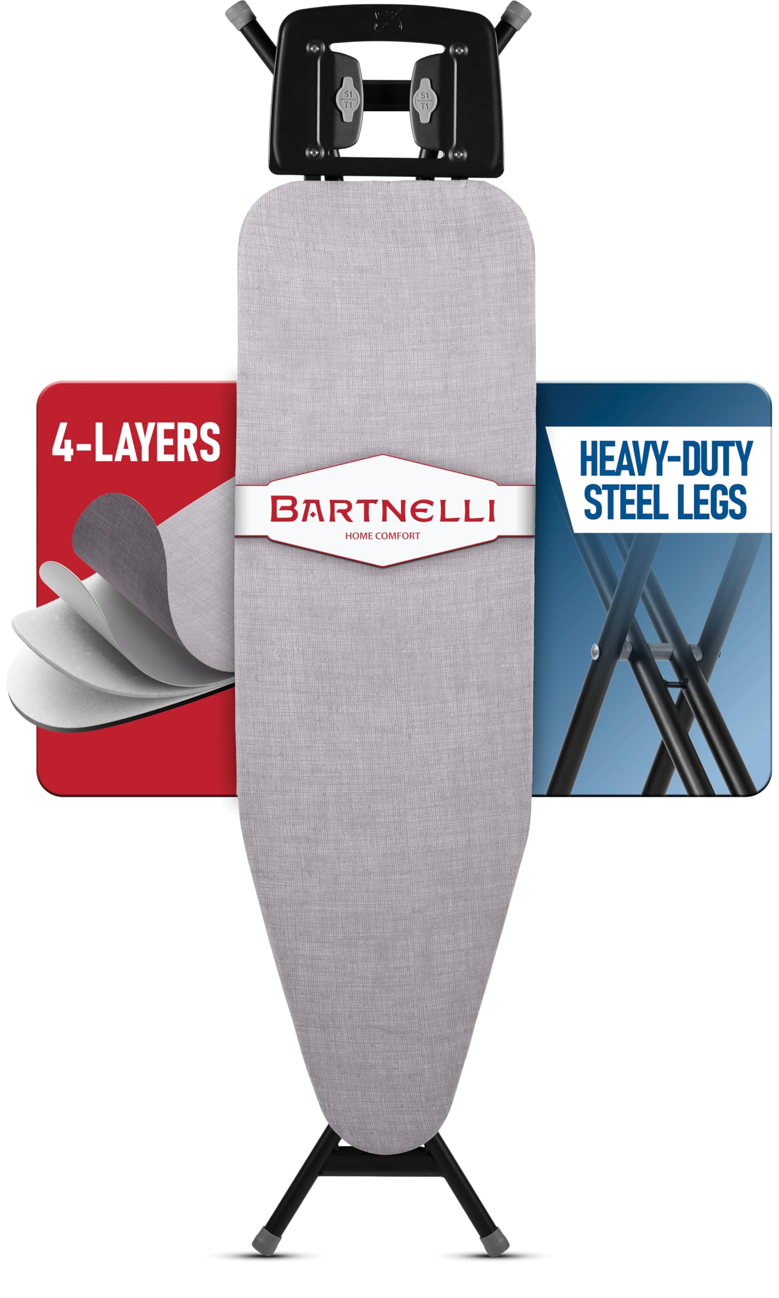 Bartnelli wide 43x13 ironing surface suitable for shirts and pants.