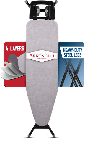 Bartnelli wide 43x13 ironing surface suitable for shirts and pants.