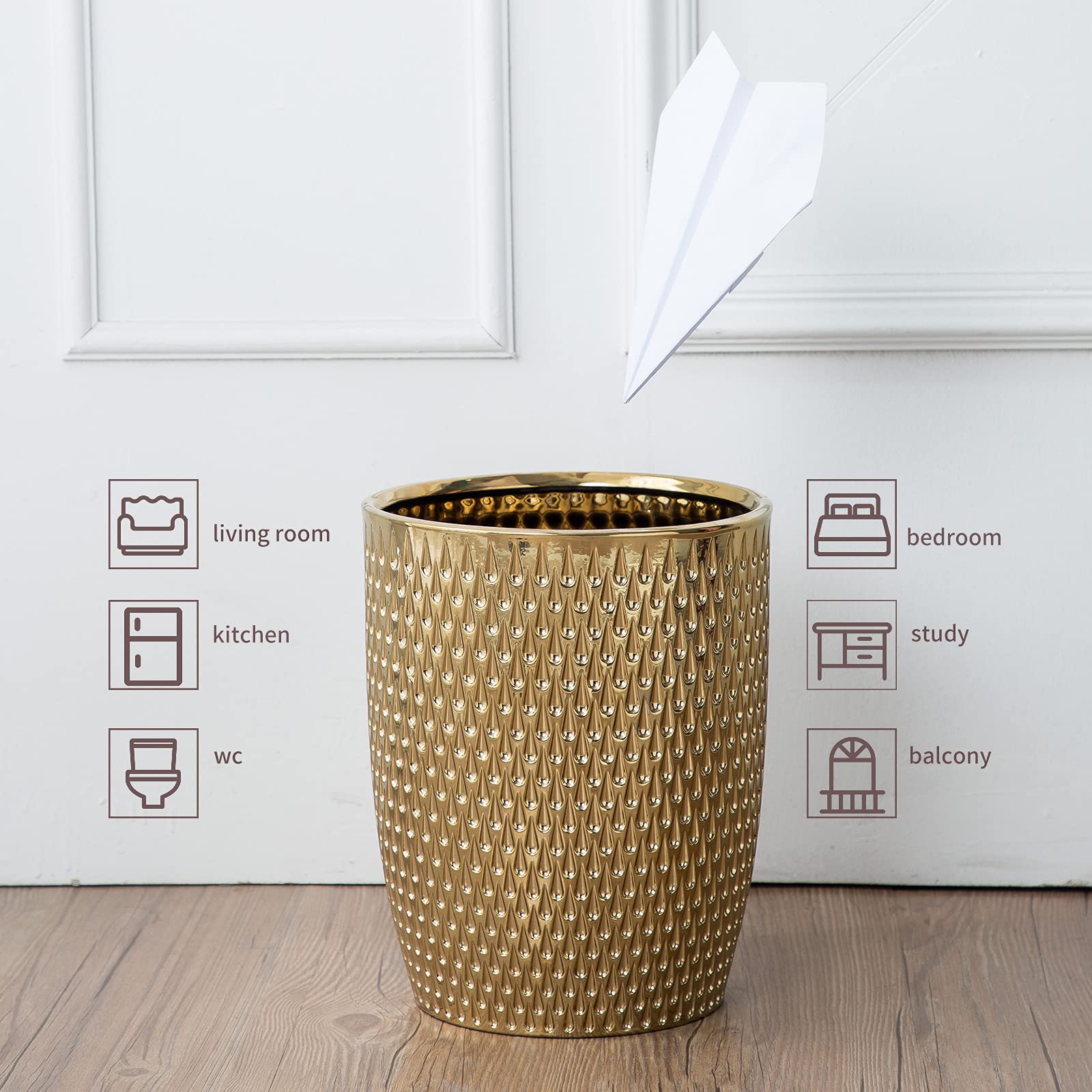 BASDHE golden ceramic wastebasket-round enhances decor while saving space.