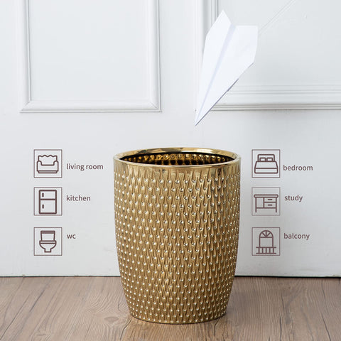 BASDHE golden ceramic wastebasket-round enhances decor while saving space.