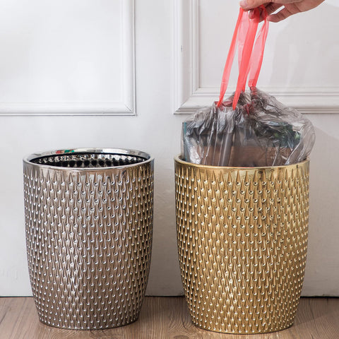 BASDHE home-office-round-wastebasket-gold complements desks and workstations.
