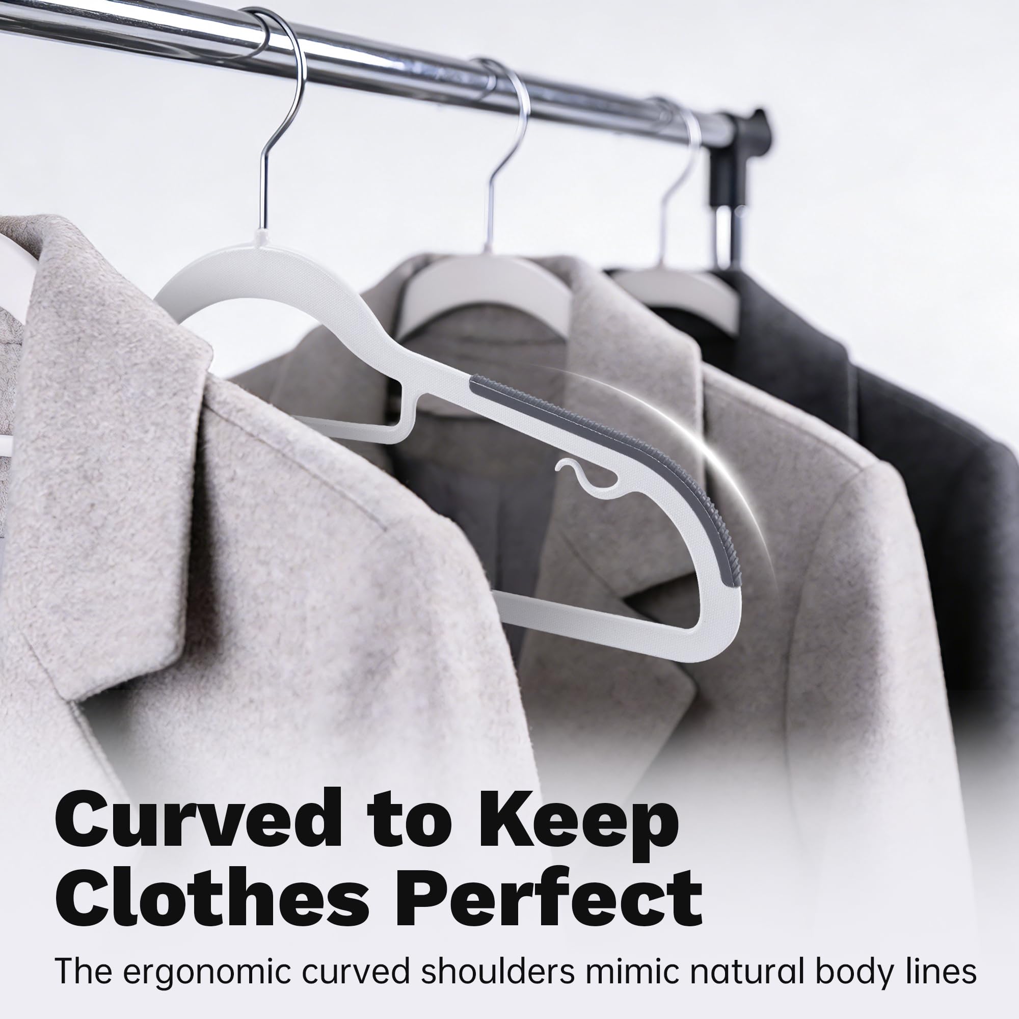 Baseca hanger protects garment shape, reducing shoulder bumps and stretching.