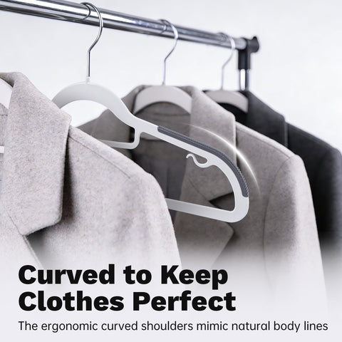 Baseca hanger protects garment shape, reducing shoulder bumps and stretching.