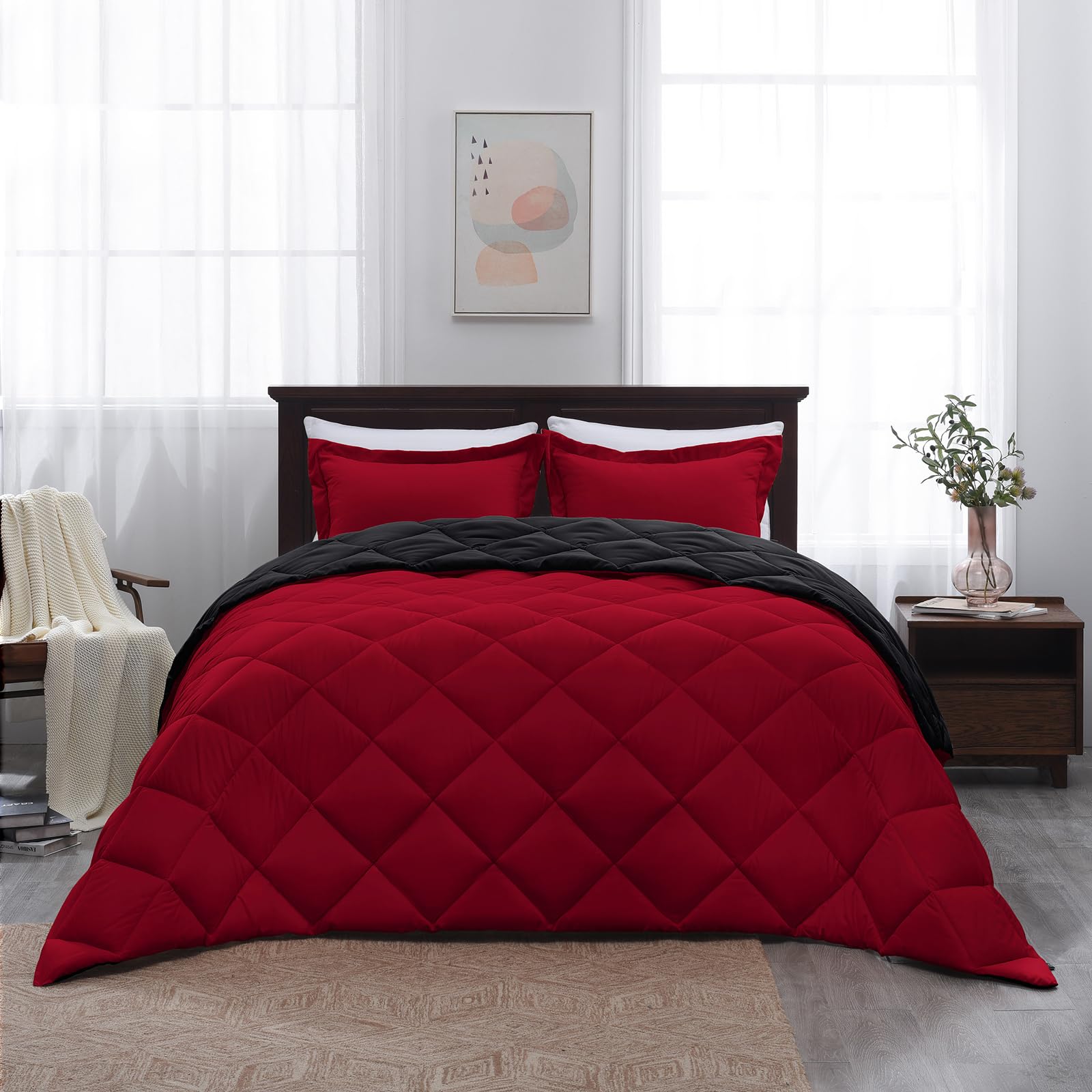 Basic Beyond red-black comforter set creates cozy nighttime ambience.