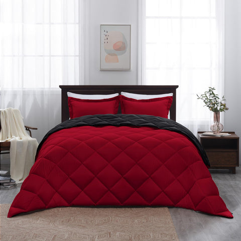 Basic Beyond red-black comforter set creates cozy nighttime ambience.