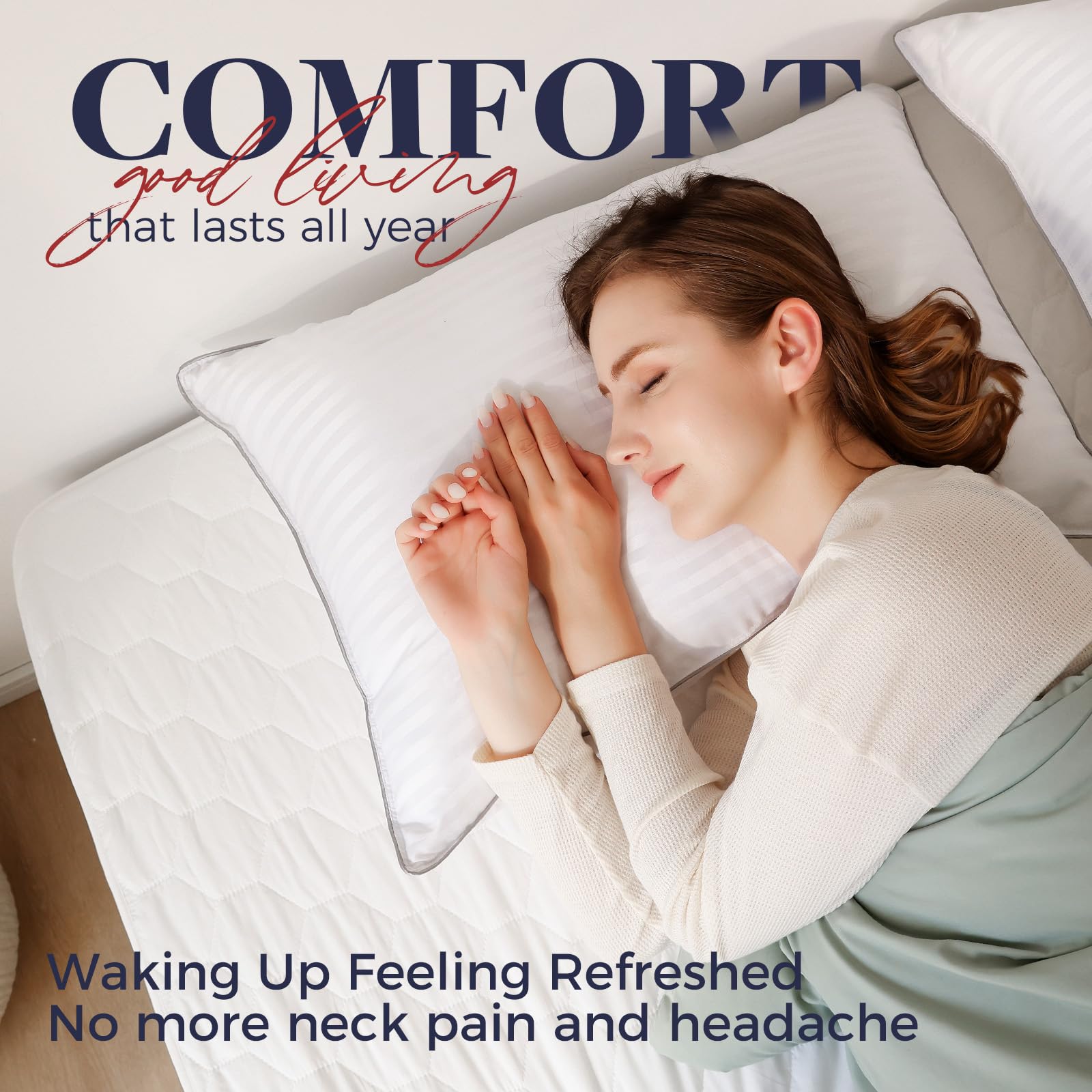 Basic Beyond king pillows on bed illustrate soft microfiber fill with supportive contour.