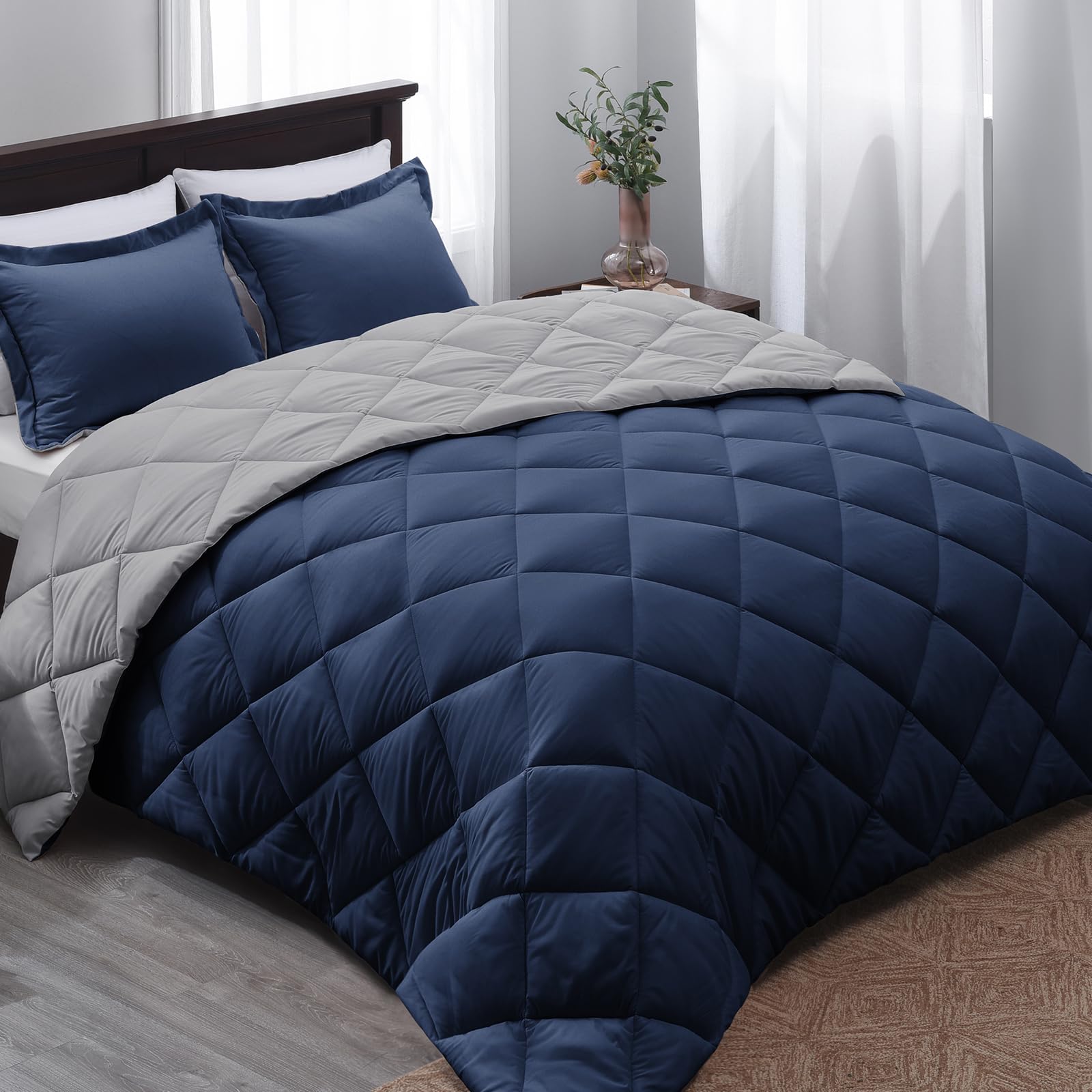 Basic Beyond queen comforter on bed in navy for a fresh, stylish sleep setup.