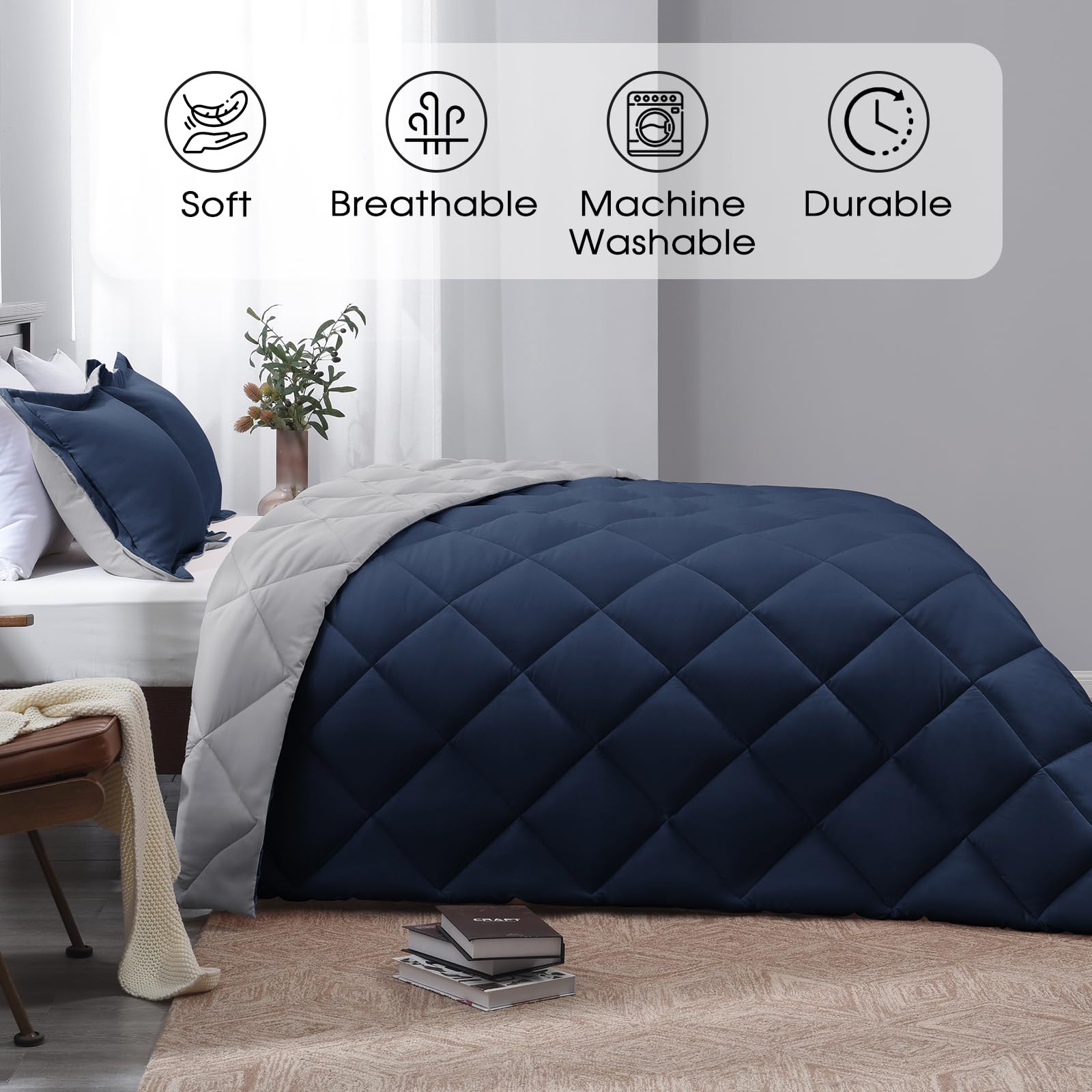 Basic Beyond reversible navy and gray design offers flexible styling options.