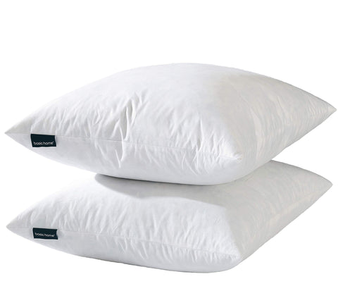 Basic Home hotel-style goose feather pillow insert on sofa delivers plush, hotel-inspired comfort.