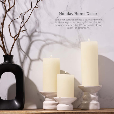 Bask mottled pillar candles centerpieces enhance wreaths and tables