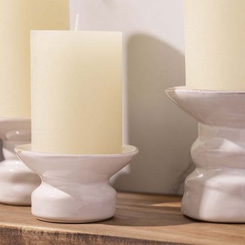 Bask mottled pillar candles are dripless and smokeless for a clean ambience