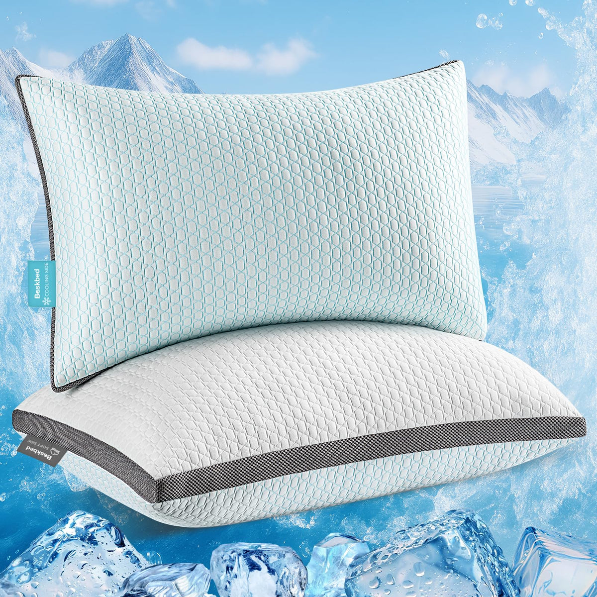 Baskbed cooling pillow cover with dual-sided fabric for cooling comfort.