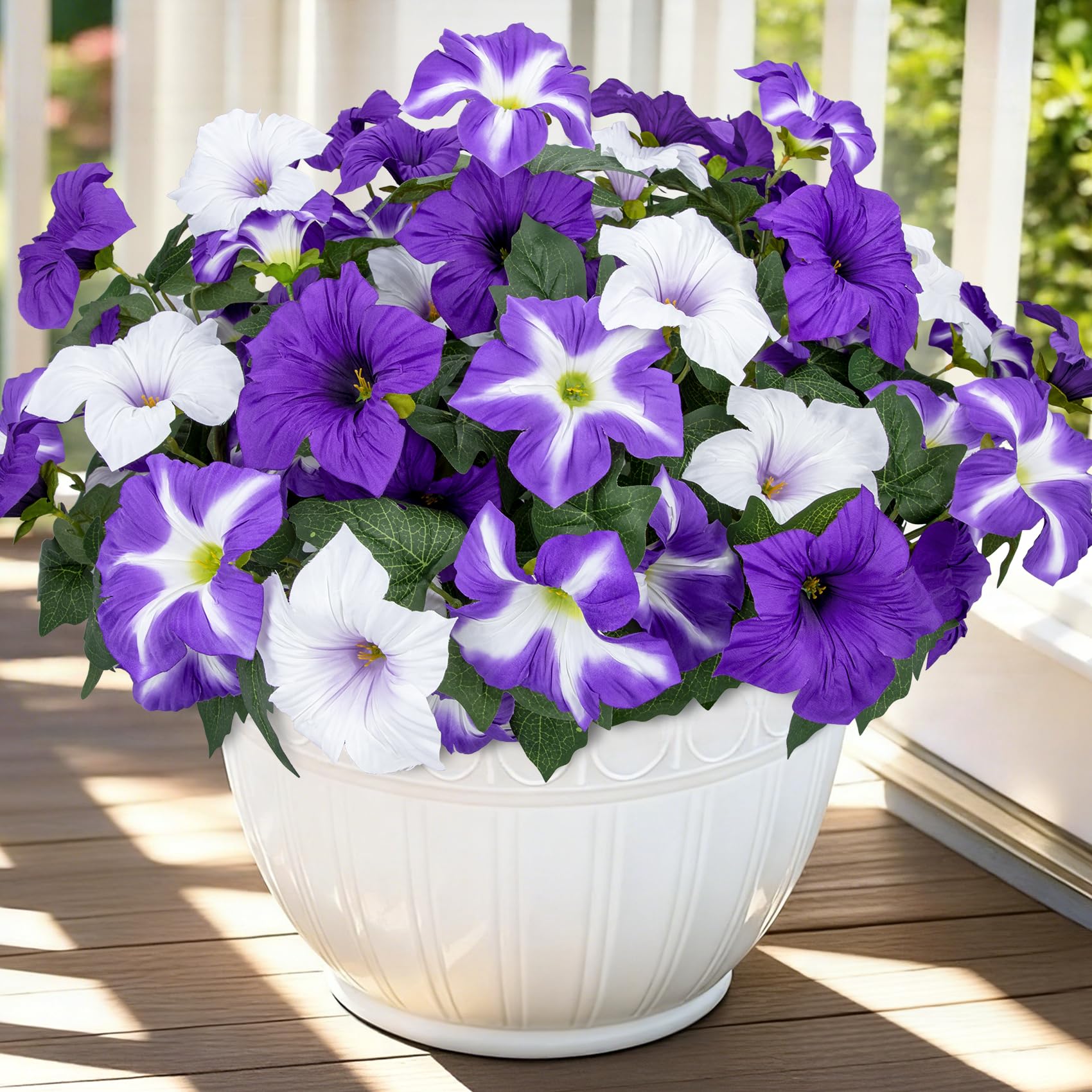 Bassion artificial outdoors petunias on four branches for vibrant porch decor.