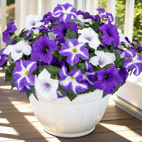 Bassion artificial outdoors petunias on four branches for vibrant porch decor.