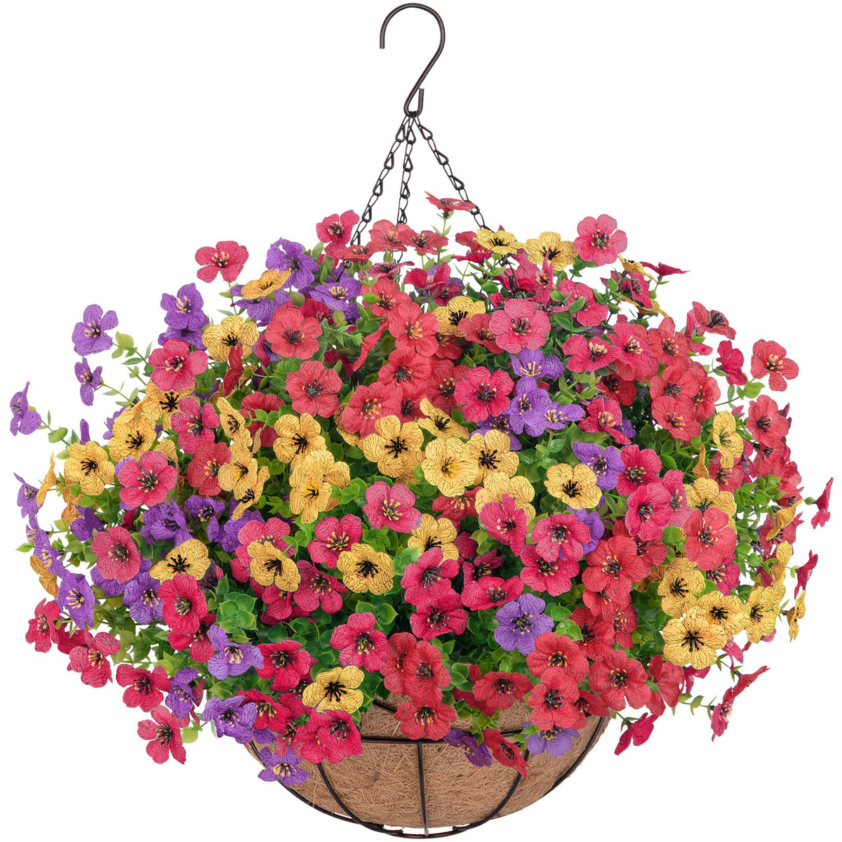 Bassion artificial hanging flowers outdoors with bright daisy bouquet in a basket for year-round color.