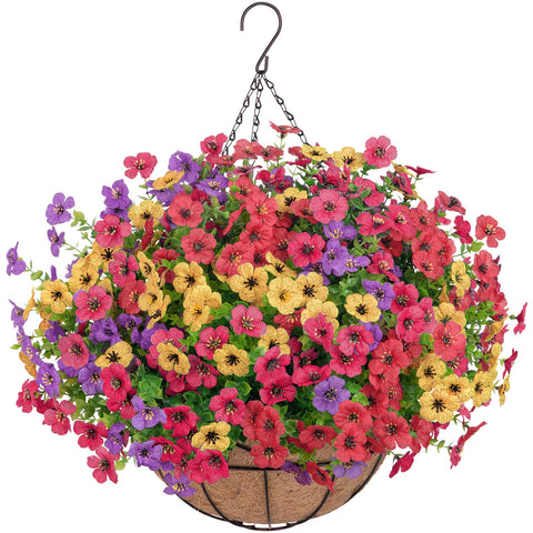 Bassion artificial hanging flowers outdoors with bright daisy bouquet in a basket for year-round color.
