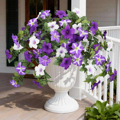 Bassion outdoor artificial petunias 2-pack in full bloom for durable outdoor decor.