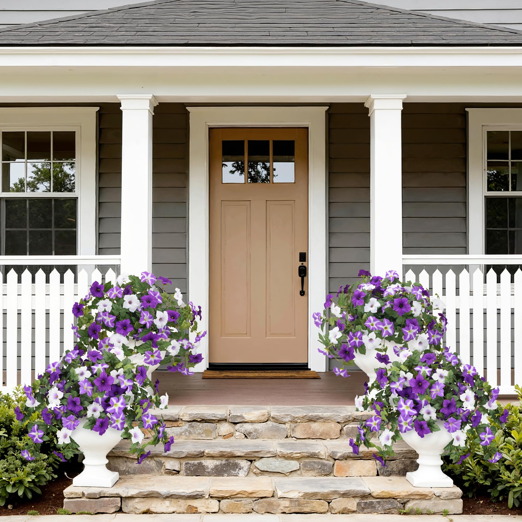Bassion porch planter scene shows easy maintenance-friendly outdoor decoration.
