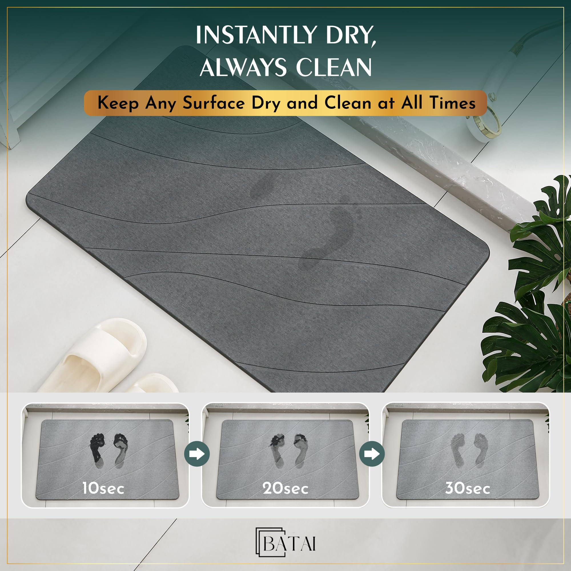 Batai bath mat drying action demonstrates rapid moisture evaporation on the surface.
