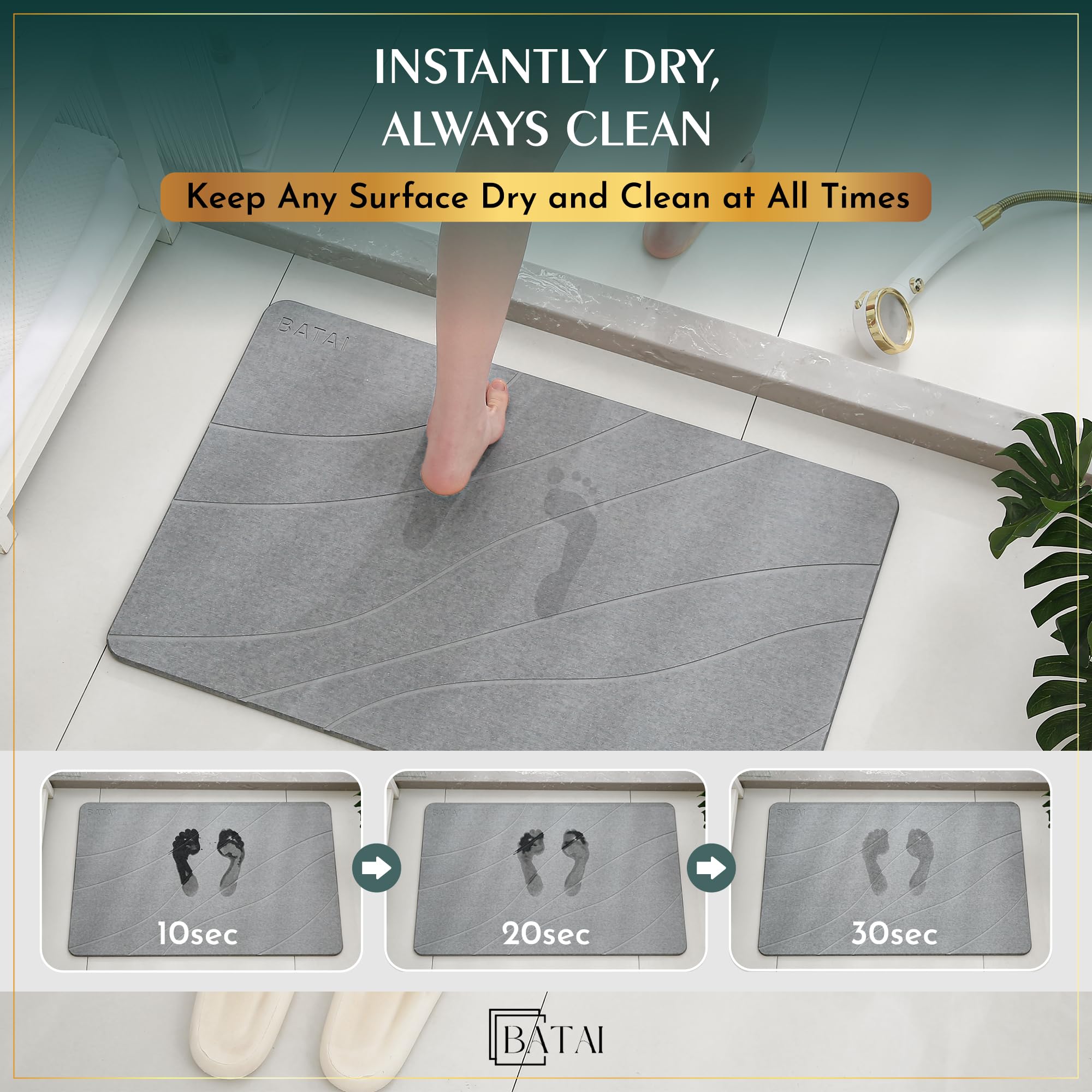 Batai bath mat on floor with non-slip pad for stability.