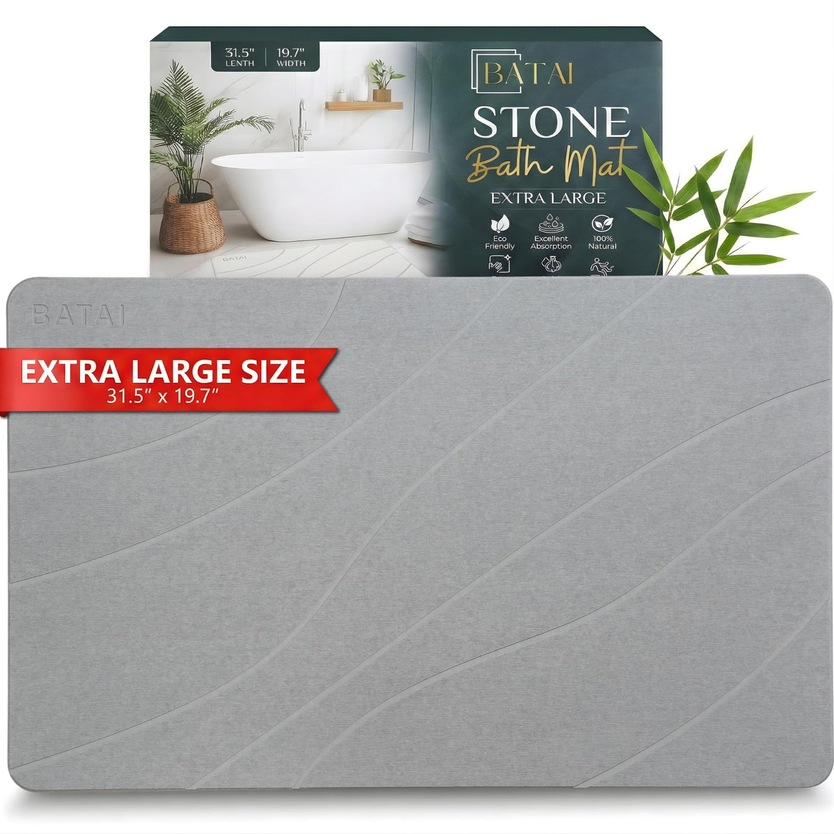 Batai extra-large stone bath mat, top view shows generous coverage.