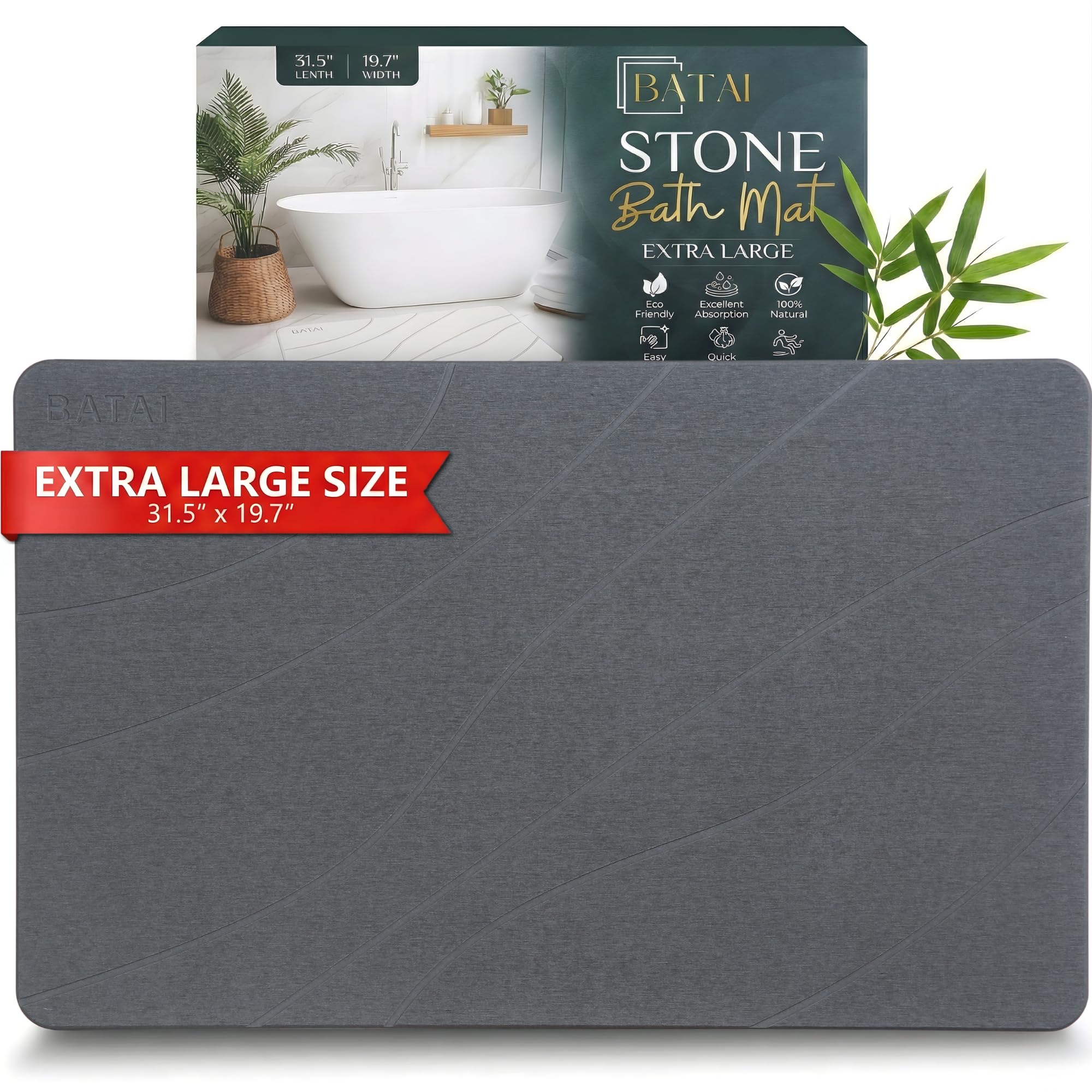 Batai extra-large stone bath mat front view shows a dry, clean floor after use.