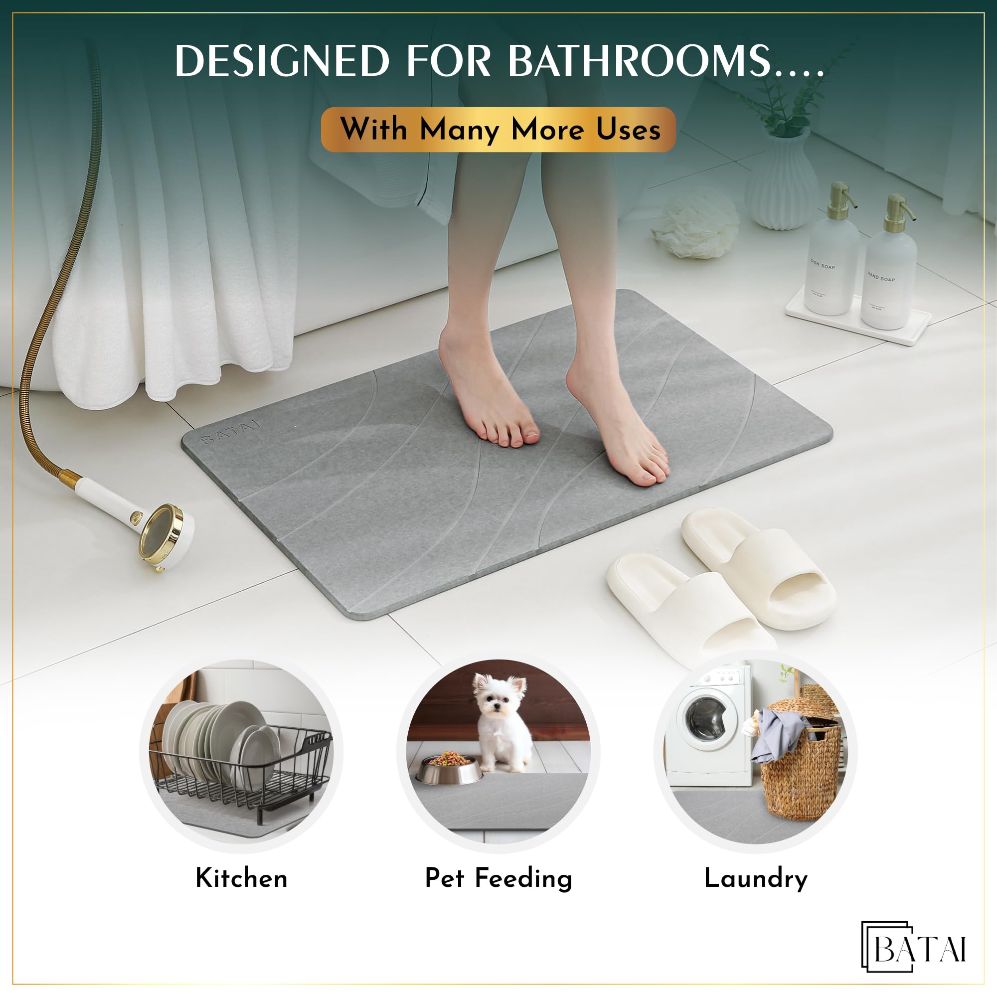 Batai bath mat includes sandpaper cleaning pad for easy maintenance.