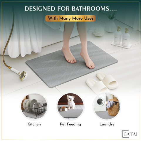 Batai bath mat includes sandpaper cleaning pad for easy maintenance.