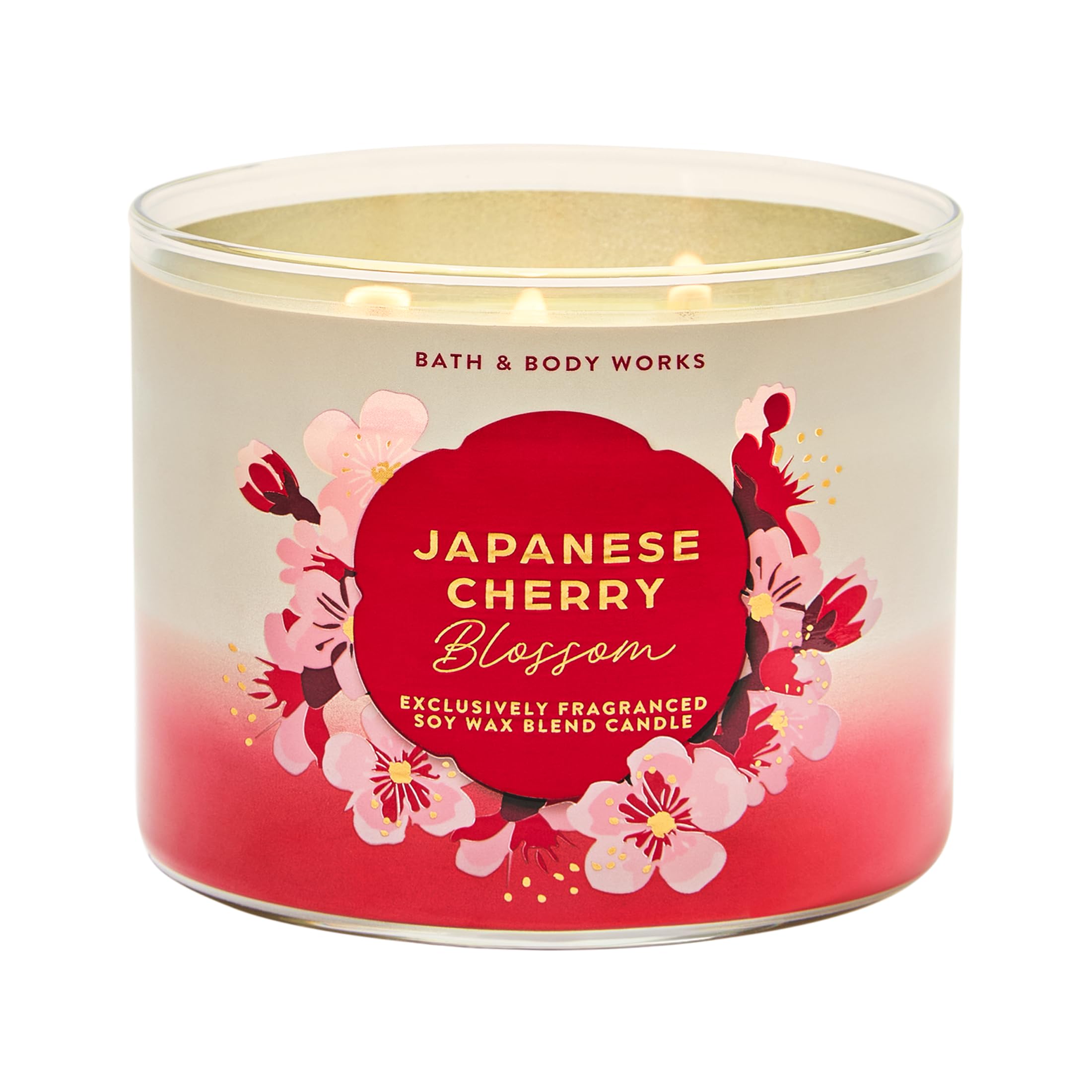 Bath & Body Works Japanese Cherry Blossom 3-Wick Candle jar releases floral fragrance into the room.