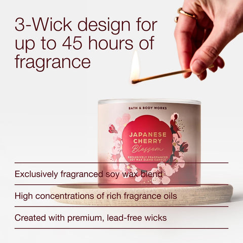 Bath & Body Works Japanese Cherry Blossom 3-Wick Candle delivers up to 45 hours of fragrance.