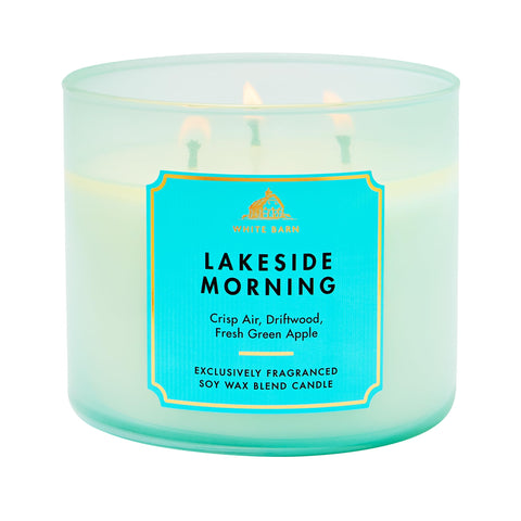 Bath & Body Works Lakeside Morning candle jar front enhances cozy living room ambiance.