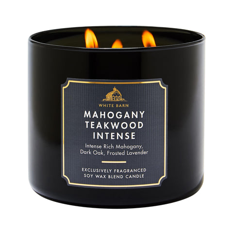 Bath & Body Works Mahogany Teakwood Intense 3-wick candle, close-up jar showing bold fragrance