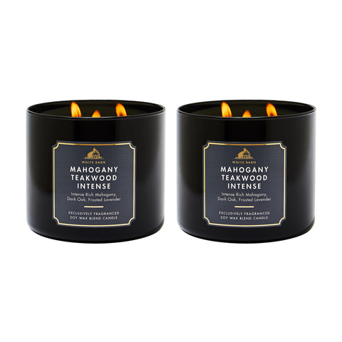 Bath & Body Works Mahogany Teakwood Intense three-wick candle jar delivers bold woodsy aroma.