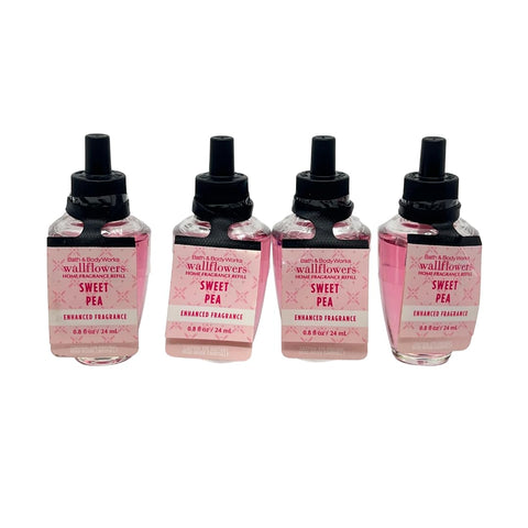 Bath & Body Works Sweet Pea Wallflowers four-pack close-up, long-lasting fragrance.