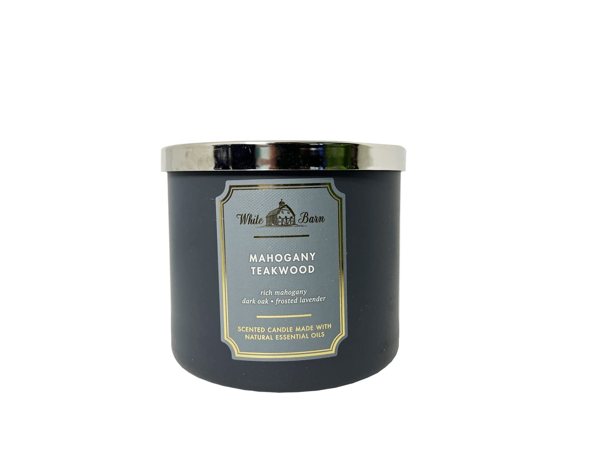 Bath & Body Works White Barn Mahogany Teakwood candle close-up highlighting woodsy notes for a cozy space.