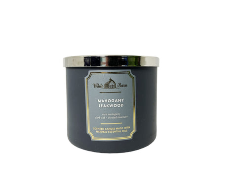 Bath & Body Works White Barn Mahogany Teakwood candle jar label detail, showcasing premium design and clean burn.