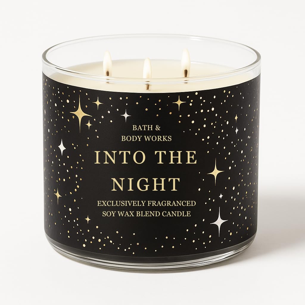 Bath & Body Works Into the Night 3-Wick Candle with raspberry noir for romantic evenings.