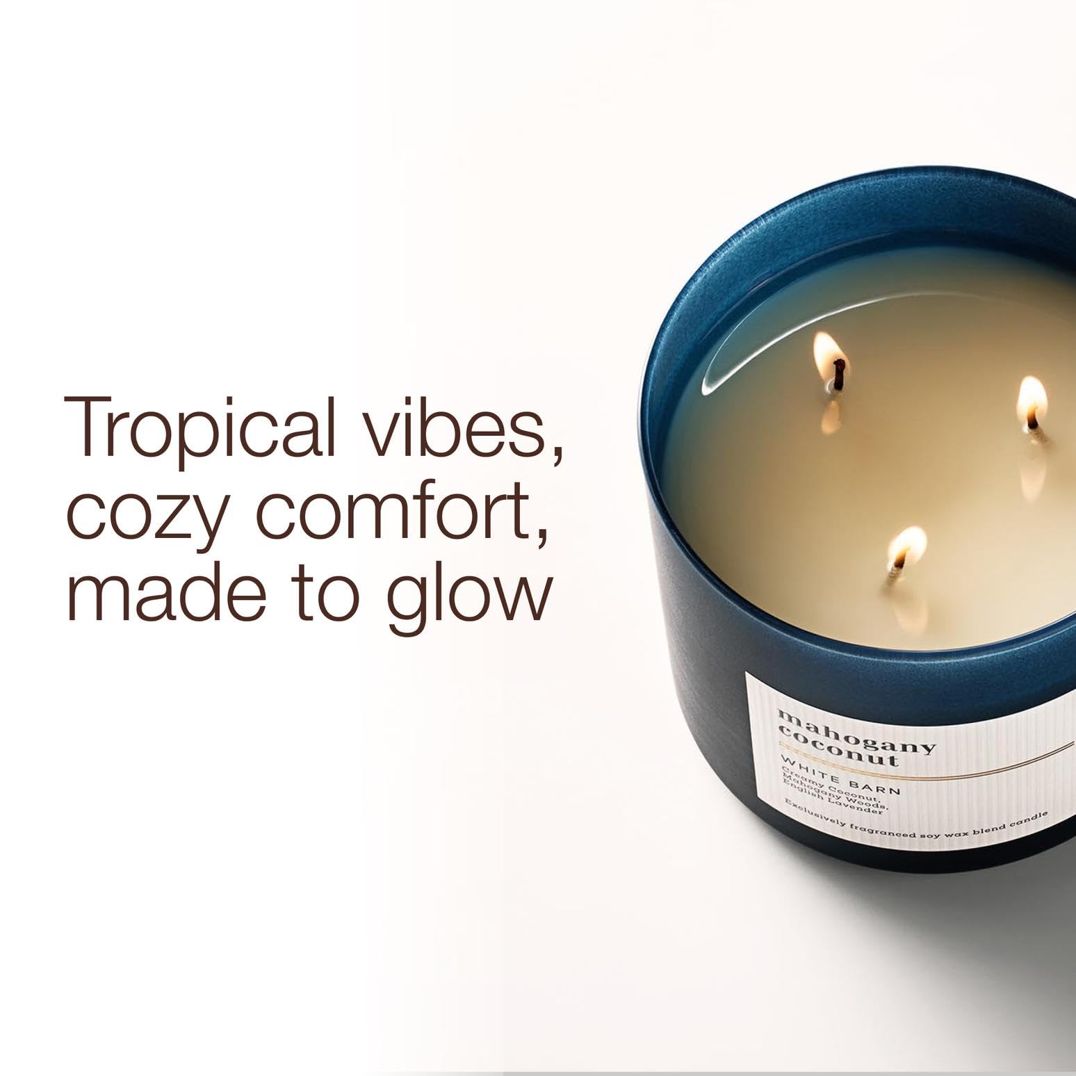 Bath & Body Works Mahogany Coconut candle close-up shows soy wax blend for steady fragrance release.