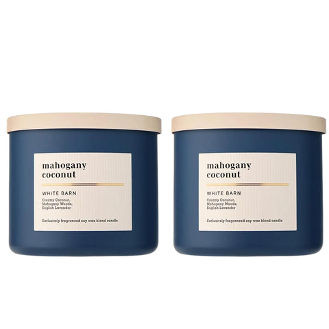 Bath & Body Works Mahogany Coconut three-wick candle jar delivers balanced burn for large rooms.