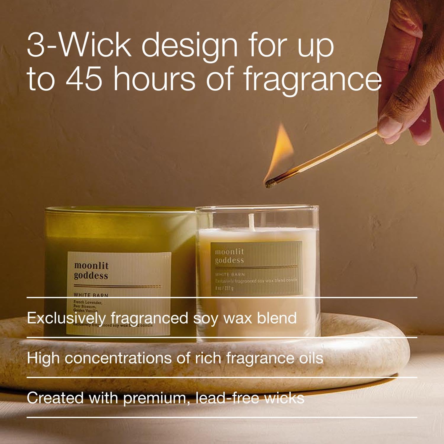 Decorative glass jar featuring Moonlit Goddess with lead-free wicks and rich fragrance oils.