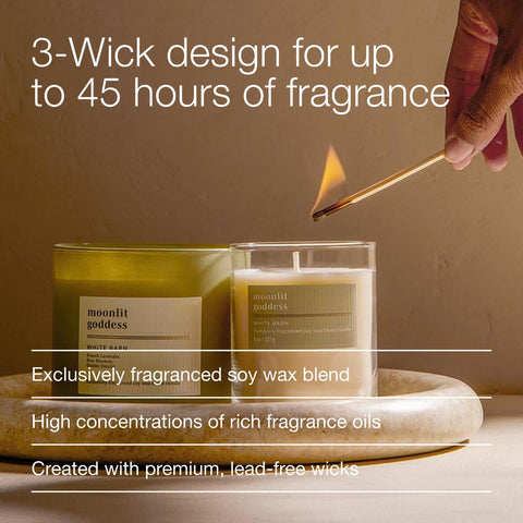 Decorative glass jar featuring Moonlit Goddess with lead-free wicks and rich fragrance oils.