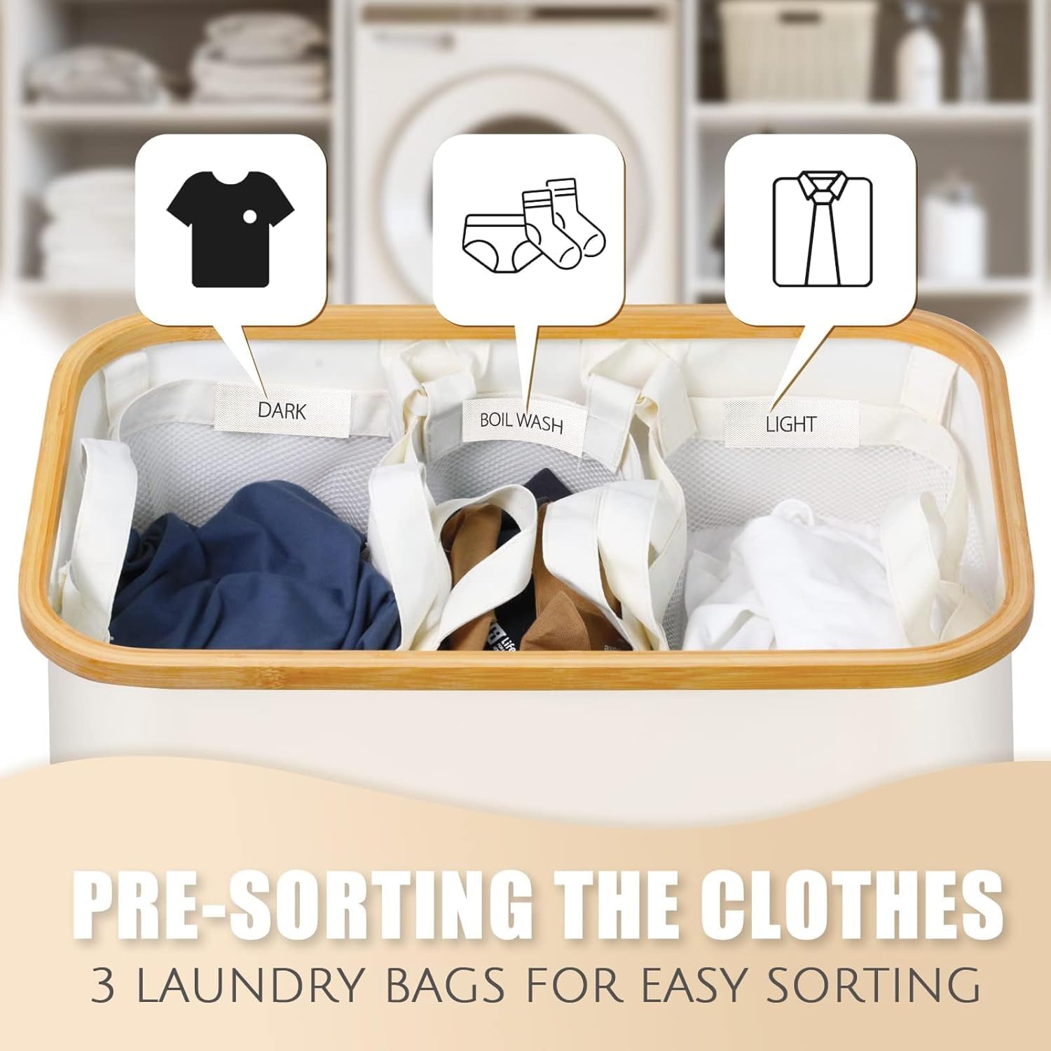 Bathola bamboo-frame hamper with sturdy handles for easy transport.