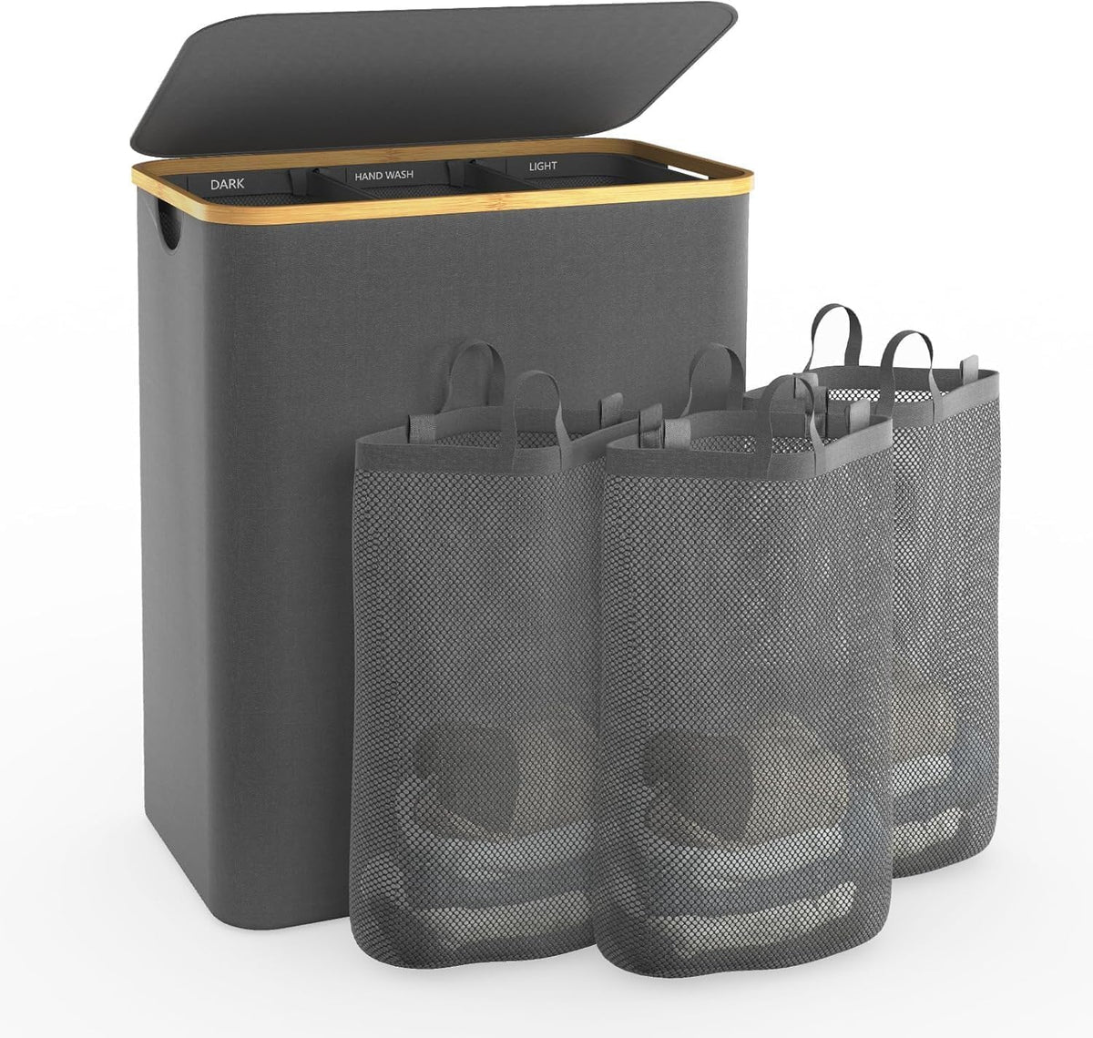 Bathola hampers with lid showing 160L capacity for clutter-free laundry storage.