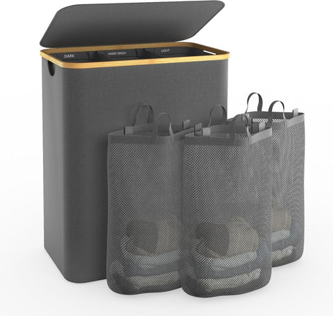 Bathola hampers with lid showing 160L capacity for clutter-free laundry storage.