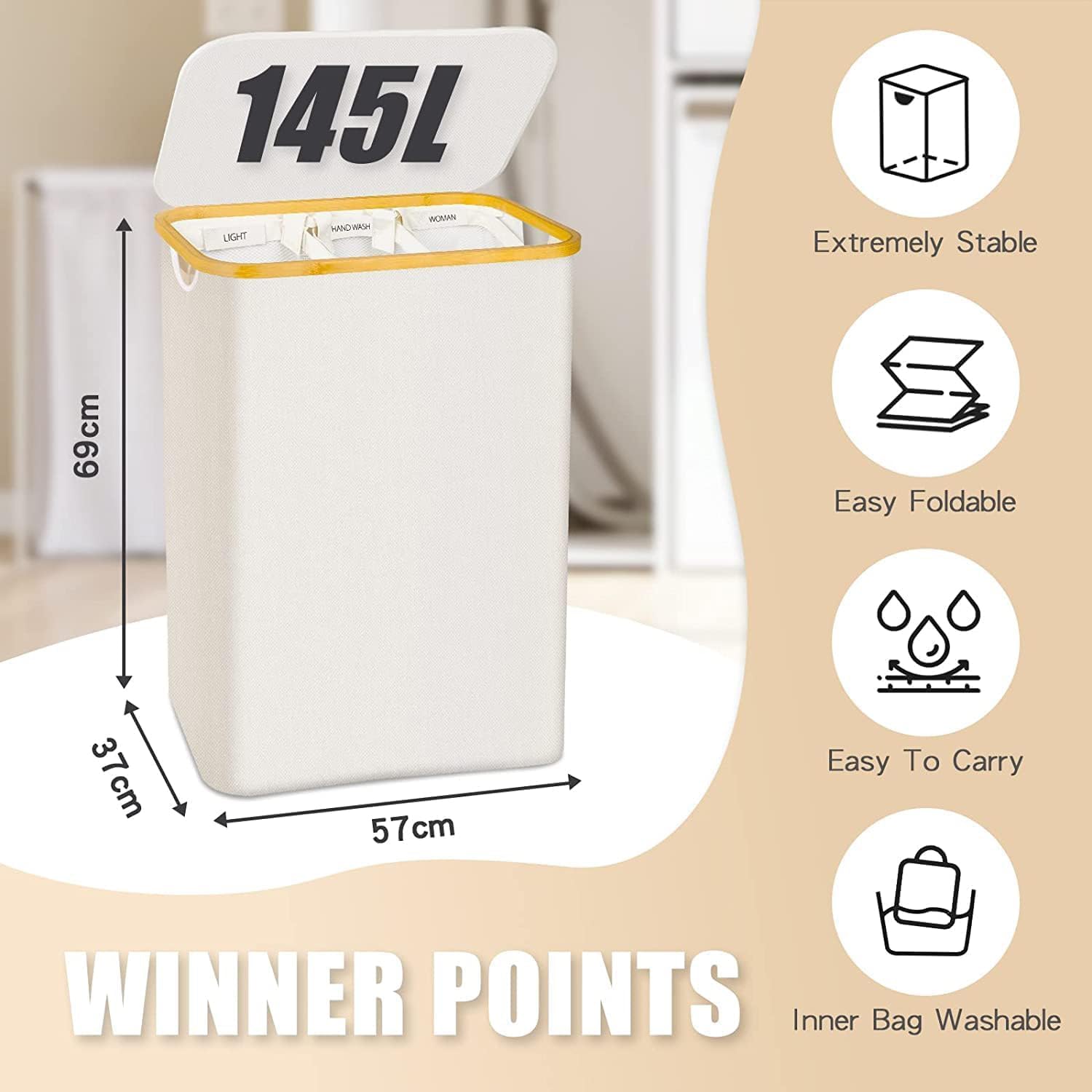 Bathola large-capacity 145L laundry bin fits a week of clothing.