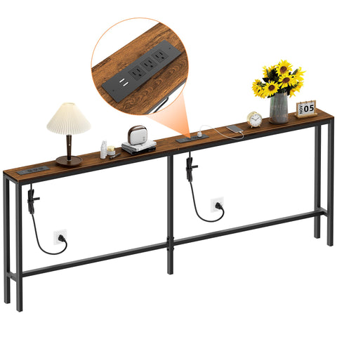 Bathola narrow sofa table with power outlets keeps devices charged beside the couch